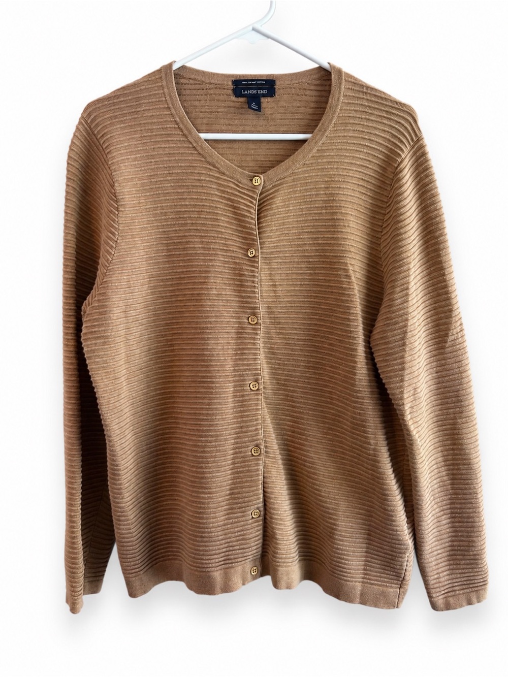 Lands’ End 100% Supima Cotton Ribbed Cardigan Sweater Size Large Camel